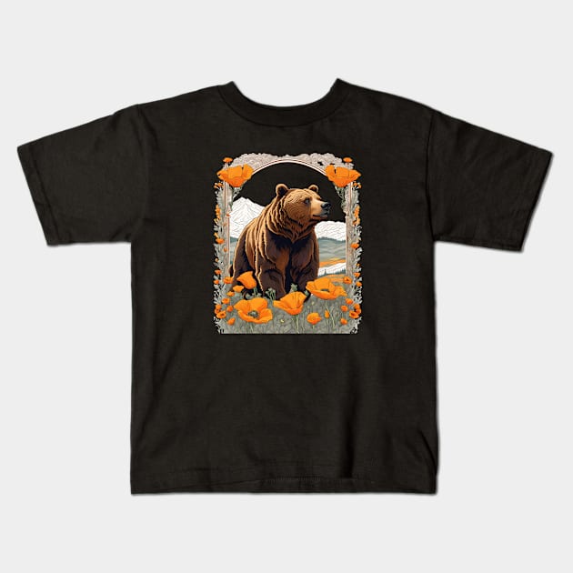 Bear Of California In Poppy Landscape Kids T-Shirt by taiche